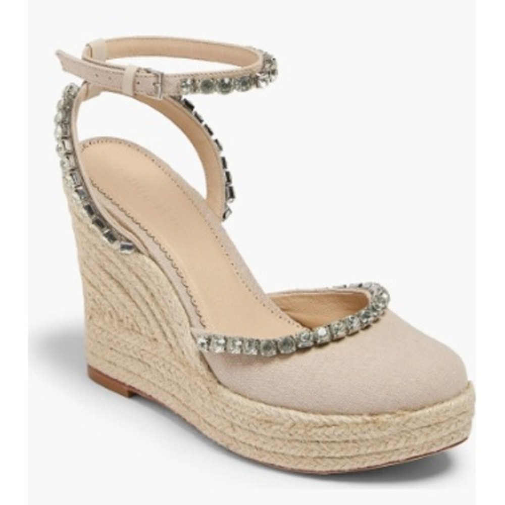 Cinq a Sept Jeanne Canvas Crystal Embellished Espadrille Wedge Sandals Size 38.5